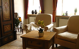 two sofa chairs facing brown coffee table inside beige painted room