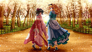 two women anime character in dresses during sajura