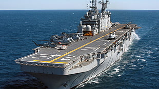 white and black motor boat, aircraft carrier, sea, USS Saipan (LHA-2), military HD wallpaper