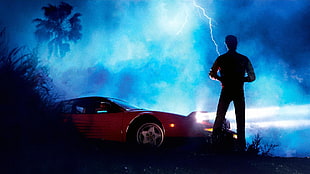 man standing near red vehicle 3D wallpaper, Kavinsky, Ferrari, music, album covers
