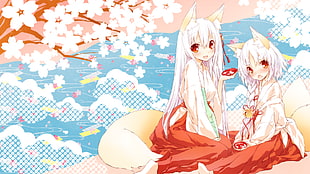 woman with white hair and tails anime character, fox girl, animal ears, shrine maidens, miko HD wallpaper