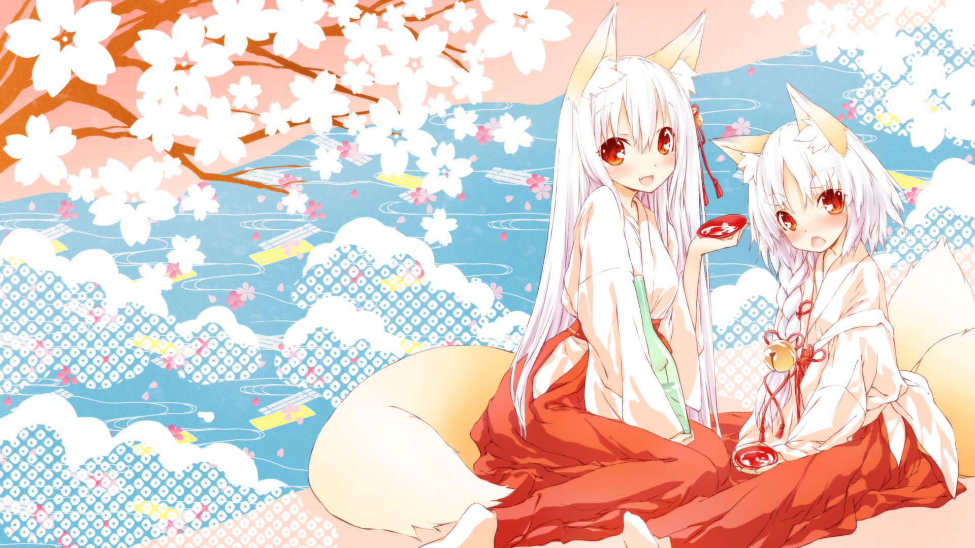 Woman with white hair and tails anime character, fox girl, animal ears,  shrine maidens, miko HD wallpaper | Wallpaper Flare