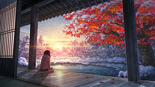brown and white wooden table, landscape, anime