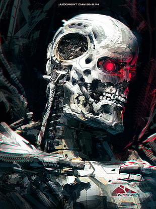 white and black skull print mask, Terminator, T-800, robot, red eyes