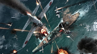 online game wallpaper, World War II, Vought F4U Corsair, Battleship, military aircraft