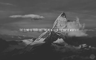 grayscale gray mountain, top view, climbing, dzine, quote HD wallpaper