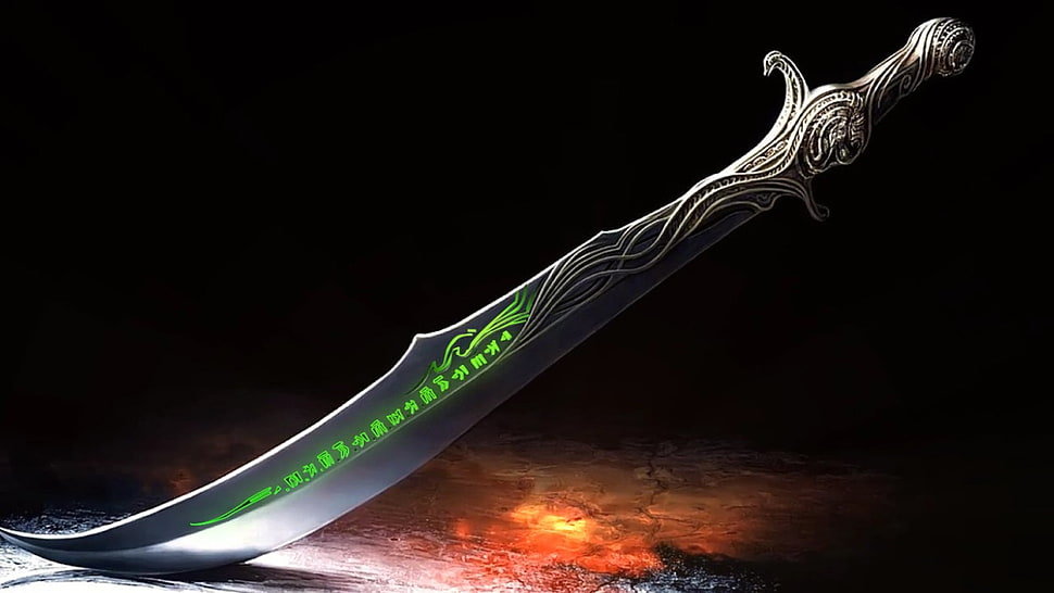 silver and green sword, fantasy art, weapon HD wallpaper