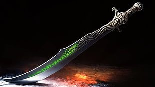 silver and green sword, fantasy art, weapon