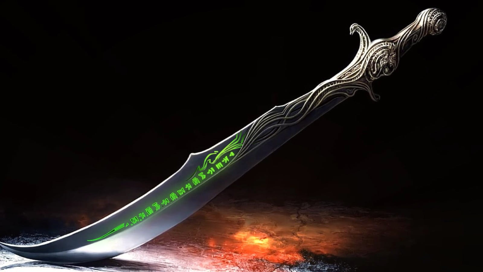 silver and green sword, fantasy art, weapon