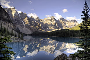 body of water surrounded by trees and mountain, moraine lake HD wallpaper