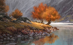 painting of brown trees and river, artwork, river, reflection
