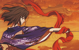 brown haired female holding sword illustration