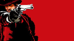 male wearing black jacket holding gray gun digital wallpaper, Red Dead Redemption, John Marston