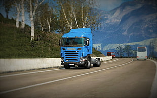blue and white RV trailer, nature, trucks, Scania, landscape