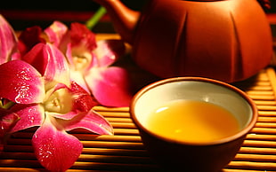 pink orchid flower near brown ceramic bowl with yellow beverage HD wallpaper