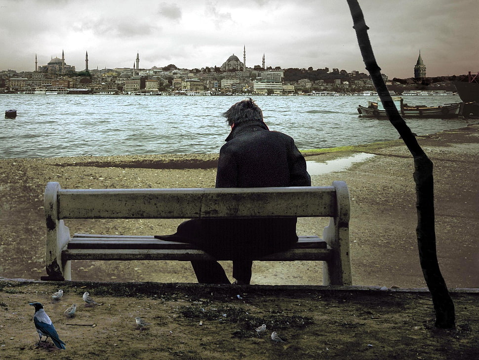 brown wooden bench with table, alone, men, bench, Turkey HD wallpaper