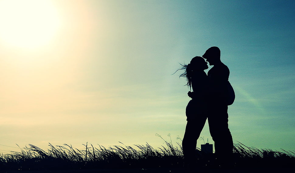 silhouette of man and woman on grass field HD wallpaper