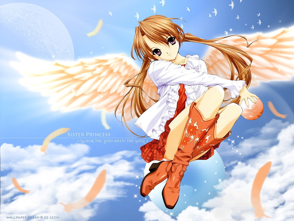 brown haired female anime character with wings HD wallpaper