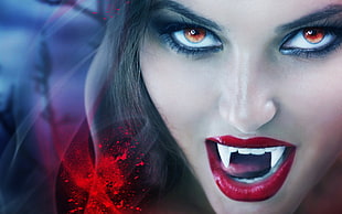 female portrait illustration, model, blood spatter, vampires, juicy lips