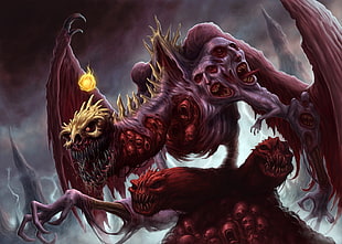 maroon monster with wings illustration, fantasy art, digital art, dark, creature
