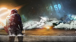 man in black suit digital wallpaper, Interstellar (movie), Gargantua , sea, storm