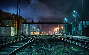 train rail, railway station, night, train, train station HD wallpaper