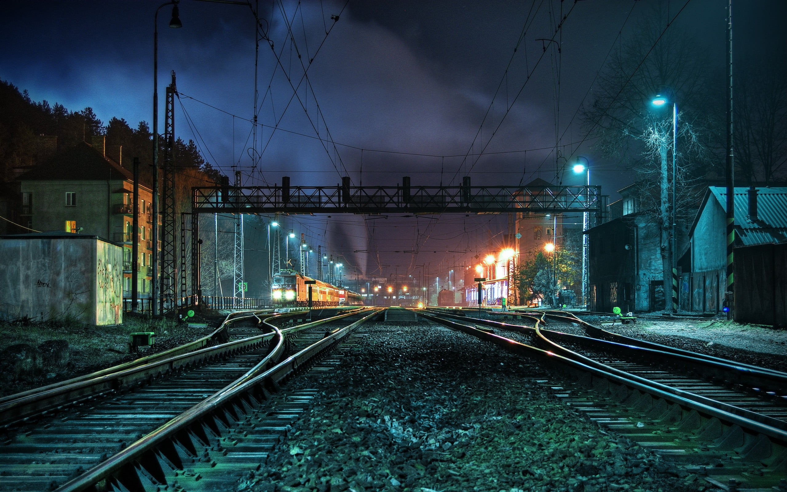 train rail, railway station, night, train, train station
