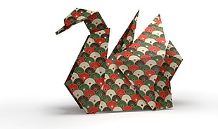 green, gray, and orange swan origami paper folding on white surface HD wallpaper