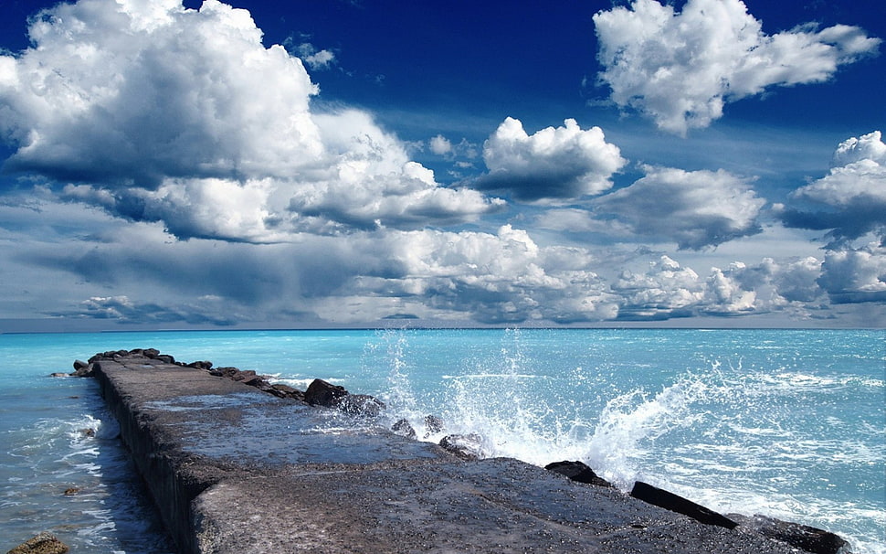 gray stone formation during daytime, beach, sky HD wallpaper