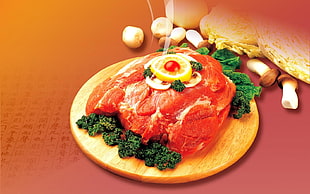 sliced raw meat with lemon and vegetables
