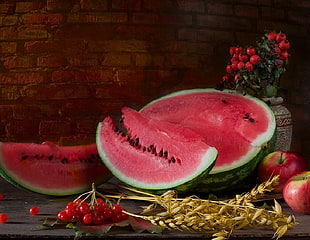 shallow focus photography of sliced watermelon with apples painting