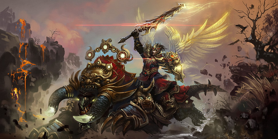 warrior riding monster art, creature, fantasy art, sword, wings HD wallpaper
