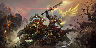 warrior riding monster art, creature, fantasy art, sword, wings