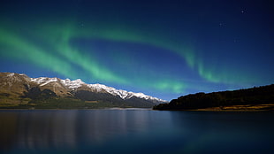 aurora lights and large body of water, aurora  borealis, landscape