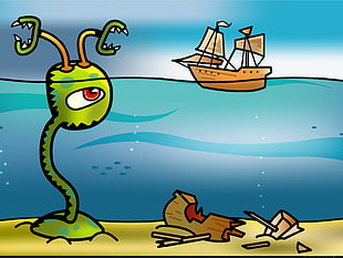 green one-eye monster in front of brown boat illustration