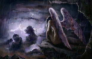 naked angel on cliff wallpaper, fantasy art, wings, storm
