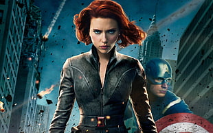 female DC character wearing black leather jacket, The Avengers, Scarlett Johansson, Chris Evans, Captain America