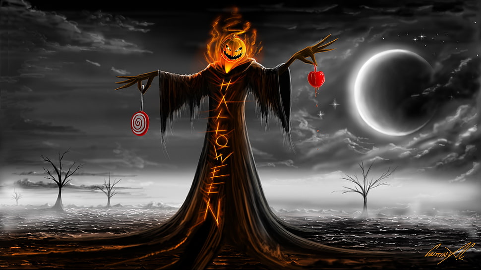 Jack-O-Lantern wearing Halloween-themed robe HD wallpaper