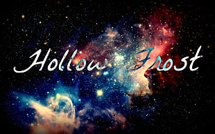 multicolored background with hollow frost text overlay, nebula, stars, space, blue
