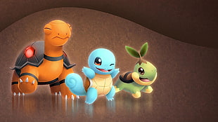 three Pokemon character wallpaper, Pokémon, Torkoal, Squirtle, Turtwig