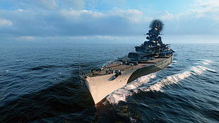 gray ship, World of Warships , Tirpitz, sea, battleships