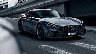 gray Mercedes-Benz coupe on the road HD wallpaper