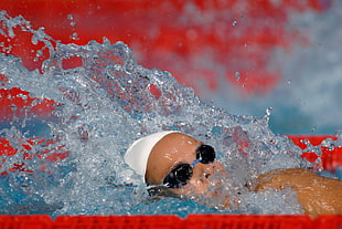 person wearing goggles swimming
