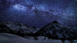 snow covered mountain, mountains, stars, nature, space