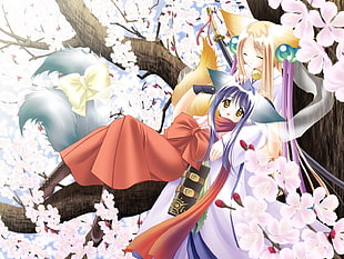 purple haired girl wearing red ribboned dress laying down on yellow haired girl manga anime illustration