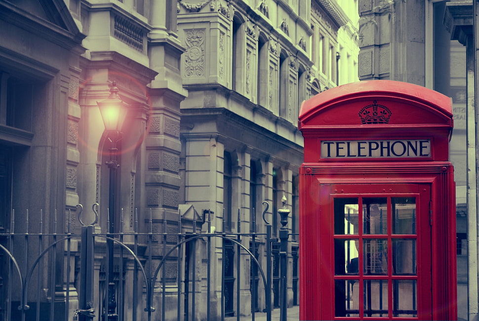 red telephone booth near black lamp post HD wallpaper