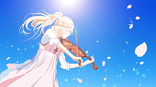 blonde haired female with violin anime illustration, Shigatsu wa Kimi no Uso, Miyazono Kaori HD wallpaper