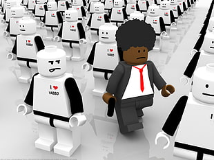 black haired person in black suit jacket Lego illustration, LEGO, minimalism, I, Robot, humor