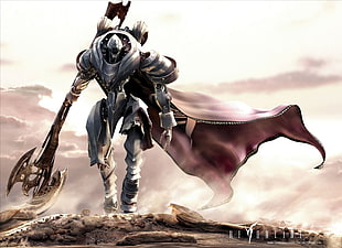 gray stainless steel robot with 2-handed battle axe and red cape digital wallpaper, RF Online, science fiction, robot, warrior