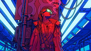 red and blue plaid dress shirt, digital art, science fiction, cyberpunk